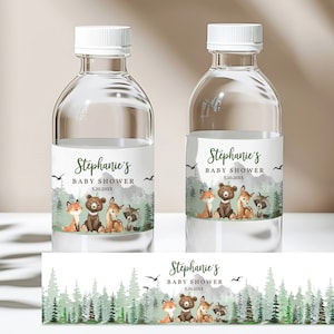 Que l'aventure commence Etiquettes pour bouteille d'eau pour baby shower, pin, animaux de la forêt, étiquette pour bouteille de forêt, montagne modifiable imprimable Bab194