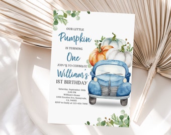 Pumpkin Birthday Invitation: Blue Truck, Autumn Greenery - Editable Download Bir230