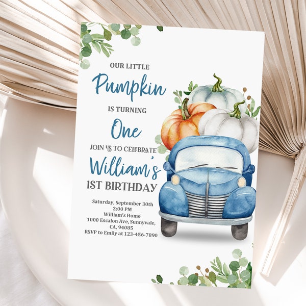 Pumpkin Birthday Invitation Our little pumpkin Party Invite Blue truck Boy 1st Fall Autumn Greenery Printable Editable Download Bir230