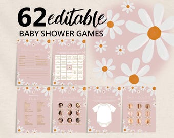 Daisy Baby Shower Games Bundle: 62 Editable Boho Floral Prints Bab332