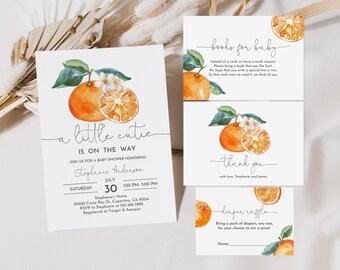 May include: A baby shower invitation with a watercolor illustration of an orange slice and a sprig of white flowers. The text reads "a little cutie is on the way" and includes details for the event, such as the date, time, and location. There are also three cards for guests to fill out: "books for baby", "thank you", and "diaper raffle".