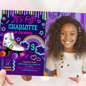 Roller Skating Photo Birthday Invitation let&#39;s roll Roller Skate Party Invite Girls Neon Rainbow Glow Editable Download Printable Bir301
