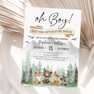 Let the Adventure Begin Pine Tree Baby Shower Invitation Woodland animals Forest Mountain Template Editable Printable Download Bab194