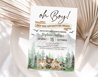 Let the Adventure Begin Pine Tree Baby Shower Invitation Woodland animals Forest Mountain Template Editable Printable Download Bab194