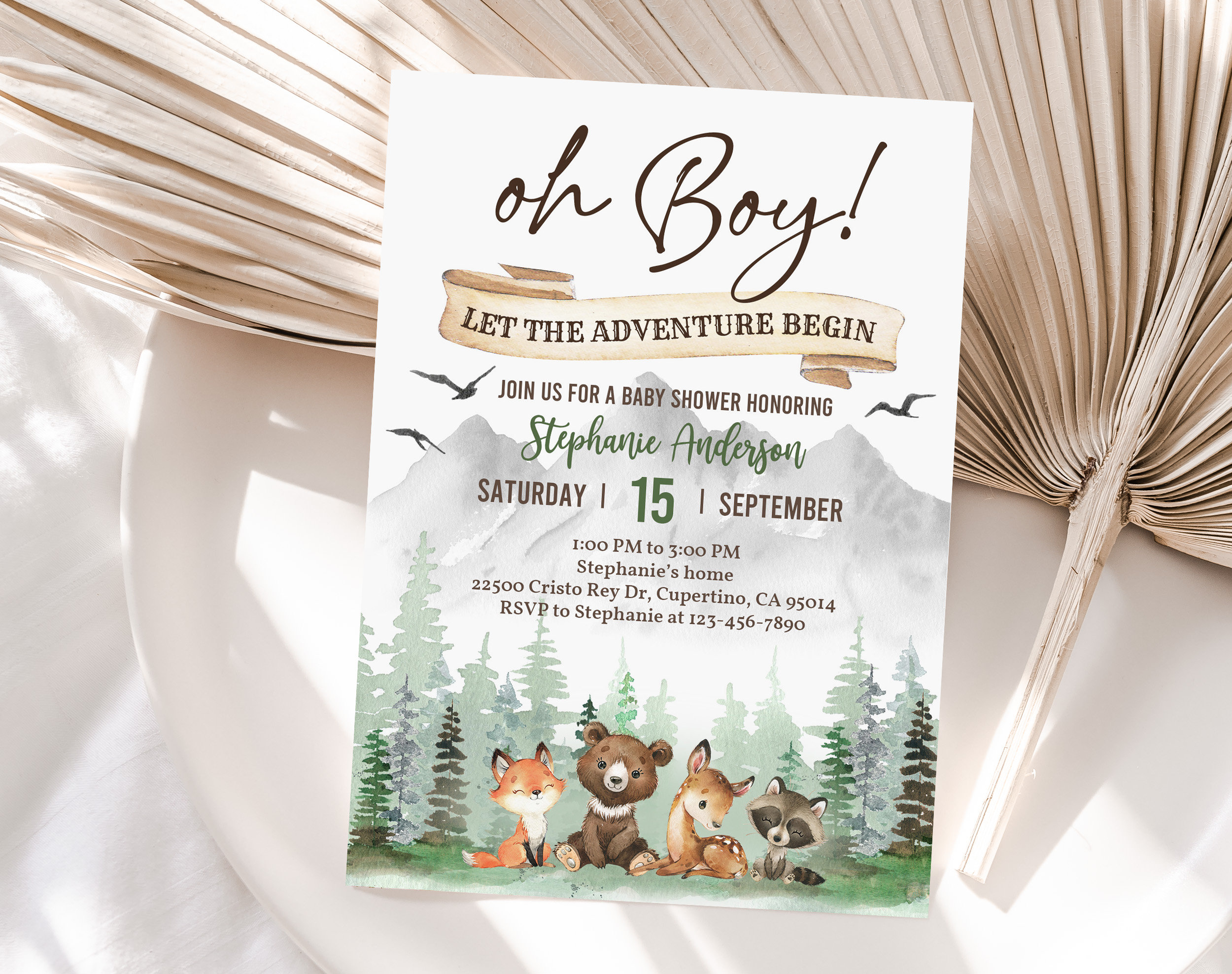 Let the Adventure Begin Pine Tree Baby Shower Invitation Woodland animals Forest Mountain Template Editable Printable Download Bab194