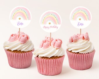 Adornos para cupcakes: Arcoíris pastel para cumpleaños - Editables e imprimibles Bir299