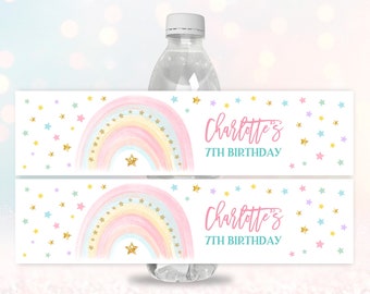 Etiqueta de la botella de agua del cumpleaños del arco iris Pastel Rainbow Girl 1st Birthday Party favorece la etiqueta engomada de la botella de agua imprimible editable Descargar Bir299