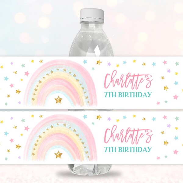 Rainbow Birthday Water bottle label Pastel Rainbow Girl 1st Birthday Party Favors Water Bottle Sticker Printable Editable Download Bir299