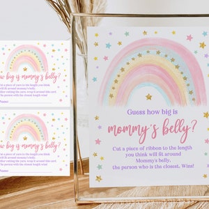 Qual o tamanho da barriga da mamãe Jogo de cartas de sinal Pastel Rainbow Baby Shower Game Girl Pink Rainbow Gold Glitter Editável para impressão Download Bab155