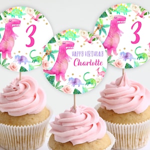 Girl Dinosaur Cupcake Topper Birthday Party Decor Printable Three-rex Editable Download Pink Gold Tropical Dino Digital Bir248
