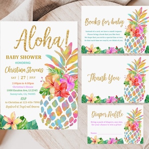 Ananas-Babyparty-Einladungs-Set Tropische Dusche einladen Hawaiianische Luau-Baby-Regenbogen-neutraler Sommer bearbeitbarer Download druckbares Bab38