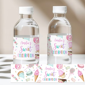 Süßer Geburtstag Wasserflaschenetikett Mädchen Geburtstag Süßfeier Candy Cupcake Donut Süßwasserverpackung Bearbeitbare Druckbare Download Bir340