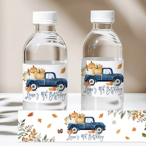 Étiquettes anniversaire citrouille pour bouteille d'eau, citrouille garçon bleu, camion pour boissons, étiquette automne automne, récolte de citrouilles, édition imprimable, téléchargement Bir314