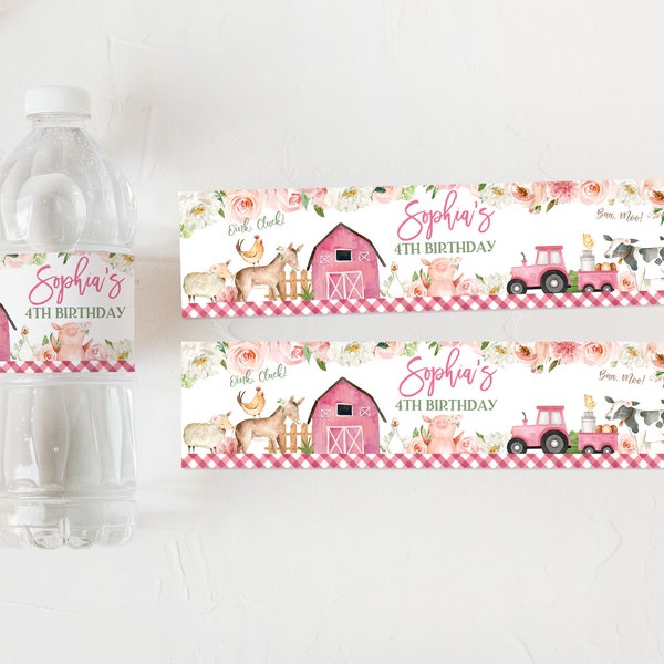 Farm Birthday Water bottle labels Girl Farm Party Sticker Barnyard Birthday Decor Pink Floral Farm Printable Editable Download Bir312