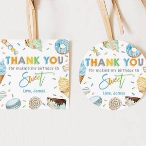 Bearbeitbarer Junge Süße Party Danke Label Geschenkanhänger Kreis Quadrat Aufkleber Eis Cupcake Blau Donut Favor Printable Bir368 Bir371