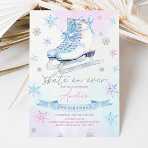 May include: A watercolour invitation card with ice skates, snowflakes, and the text "Skate on over." The invitation is for Amelia's 2nd birthday, with the date, time, and location details. The design uses soft blue, pink, and purple hues.
