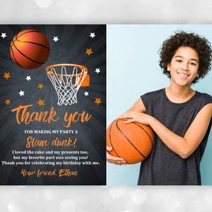 Cartões de agradecimento de aniversário de basquete Notas de agradecimento esportivas Festa de basquete Obrigado menino Foto editável Digital para impressão Download Bir246-2