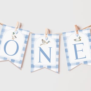 One Lucky Duck Birthday high chair banner Editable One silly goose Garland Printable Mallard Blue Boy 1st Duck Hunting Blue Gingham Bir465