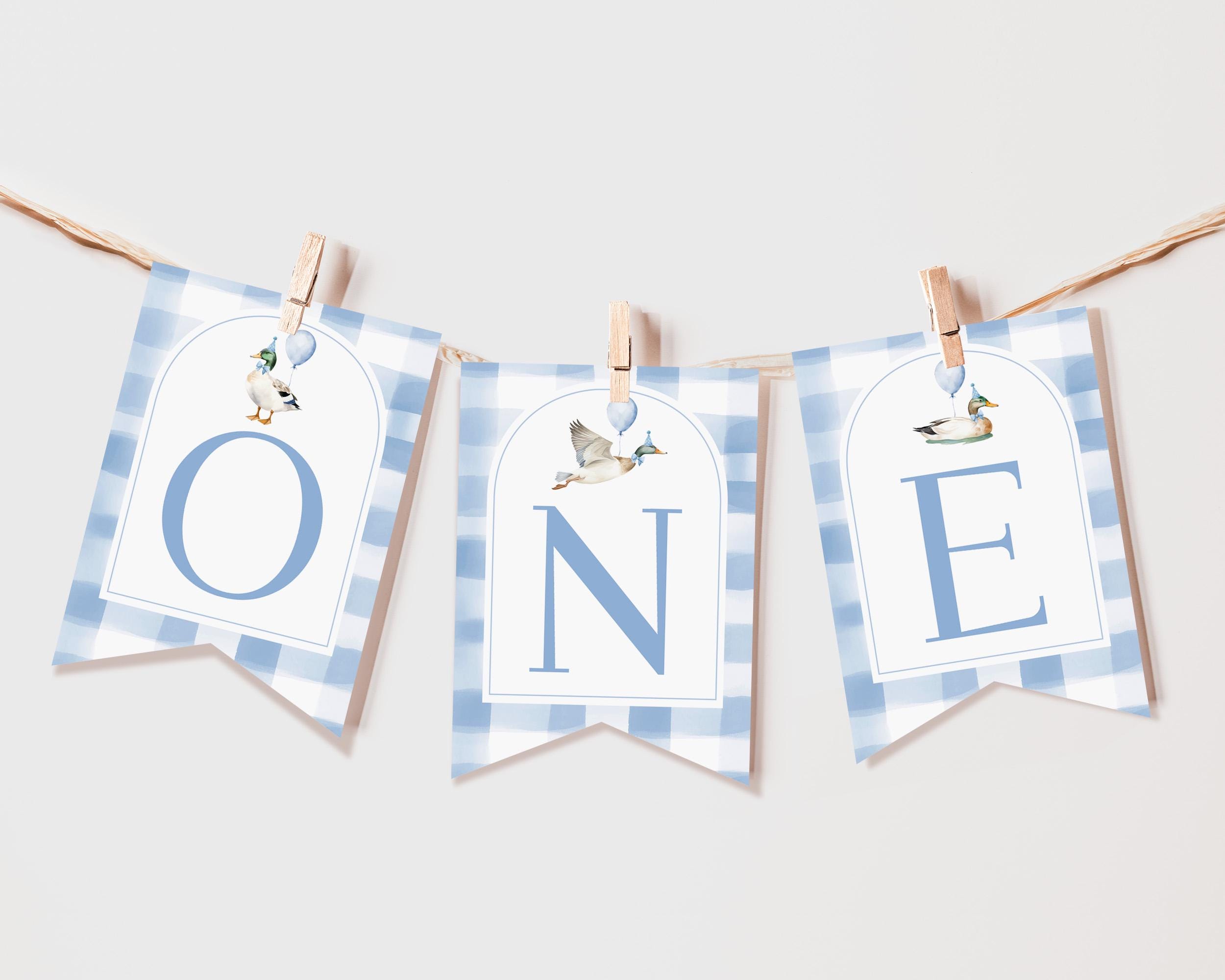 One Lucky Duck Birthday high chair banner Editable One silly goose Garland Printable Mallard Blue Boy 1st Duck Hunting Blue Gingham Bir465