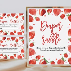Windel Raffle Zeichen Erdbeere Baby Dusche Rote Erdbeere Windel Ticket Zeichen Beere Süße Baby Shower Dekor Bearbeitbare Druckbare Download Bab181