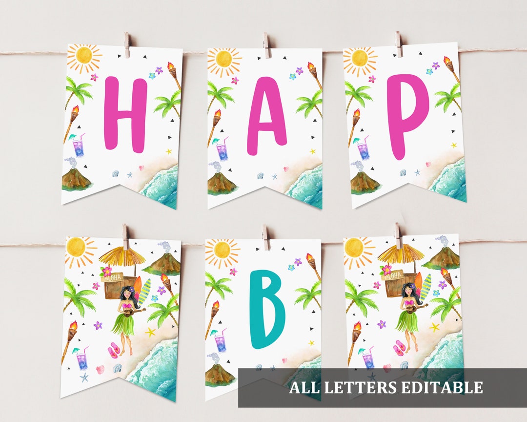 Hawaiian Birthday Banner Printable Tropical Banner Luau Party Bunting Hawaiian Birthday Banner Printable Tropical Banner Luau Party Bunting