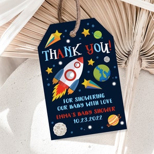 Outer Space baby shower gunst tag planeten raket schip astronaut label Galaxy Blast Off zonnestelsel bewerkbare download afdrukbare Bab45