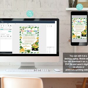 Op de afbeelding: Een digitaal ontwerp sjabloon voor een St. Patrick's Day kaart met een kabouter die een pot met goud vasthoudt. De tekst op de kaart luidt "Top o' the mornin' to you".