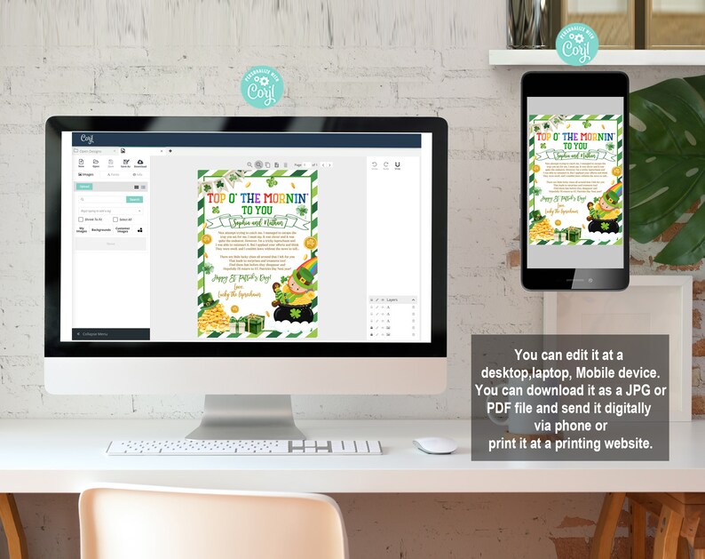 Op de afbeelding: Een digitaal ontwerp sjabloon voor een St. Patrick's Day kaart met een kabouter die een pot met goud vasthoudt. De tekst op de kaart luidt "Top o' the mornin' to you".