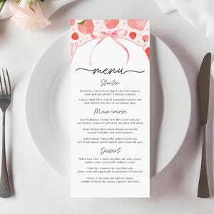 Menu de fête modifiable aux fraises Menu de table imprimable anniversaire aux fraises, menu de table pour baby shower, menu du dîner pour baby shower, Blush Berry Summer Bab312 Bir429