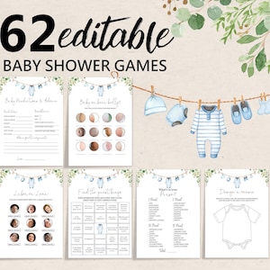 Boy baby clothes baby shower game pack Clothesline Baby Shower Game Set Blue greenery Boho Digital Editable Printable Download Bab214