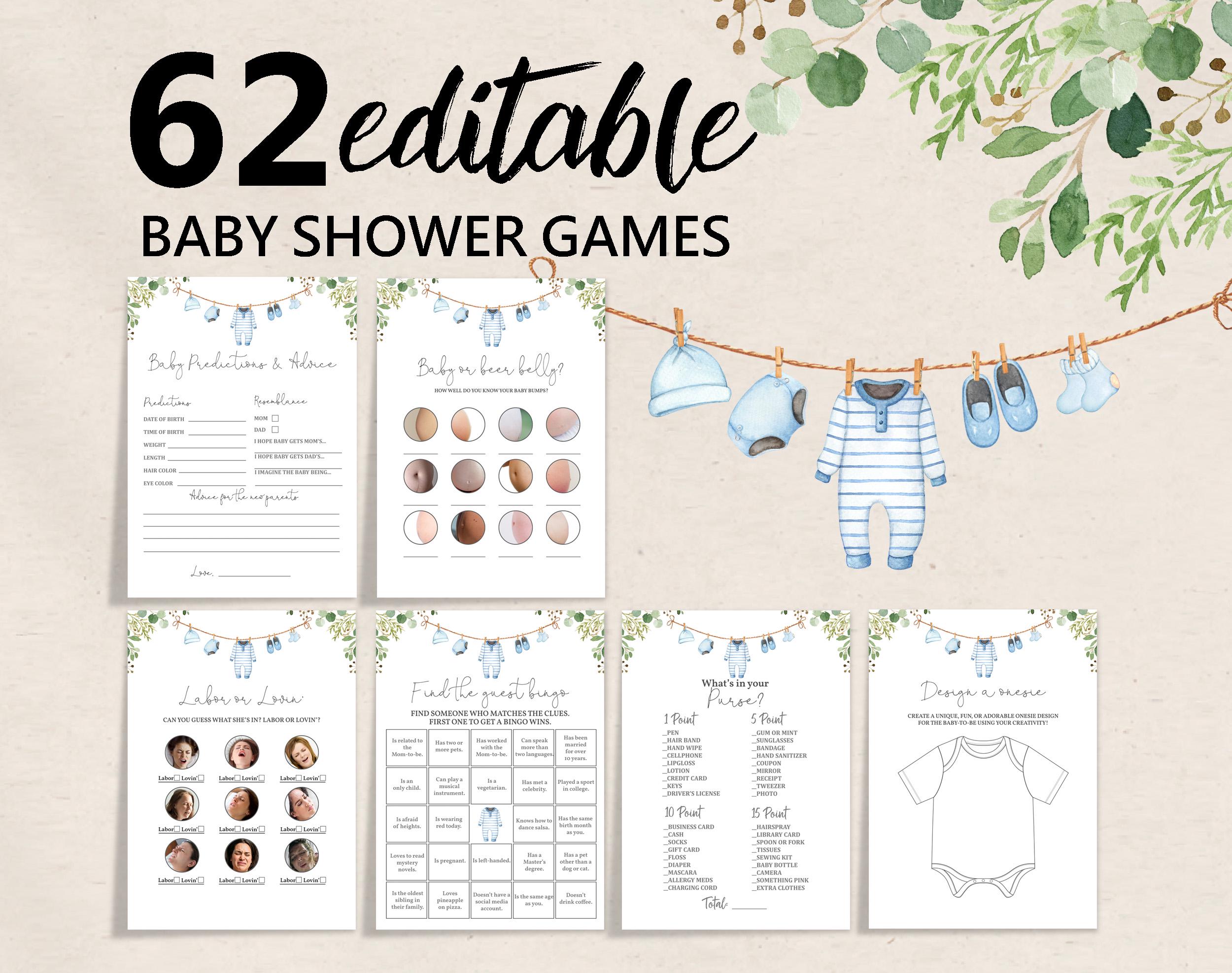 Boy baby clothes baby shower game pack Clothesline Baby Shower Game Set Blue greenery Boho Digital Editable Printable Download Bab214