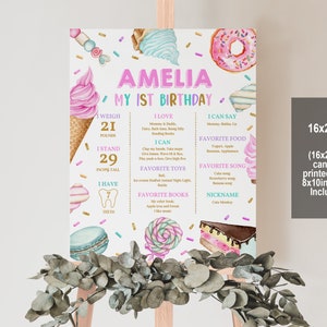 Cartel de hito de fiesta dulce Donut Helado Dulce Cumpleaños Póster de hito Caramelo Sprinkle Girl 1er Editable Imprimible Descargar Bir360