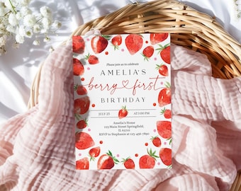 Strawberry First Birthday Invitation: Editable Berry Party Invite Bir311
