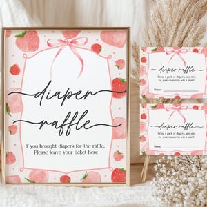 Windel-Verlosung Zeichen und Ticket Erdbeer-Baby-Dusche Rosa Erdbeer-Spiel Beere Süße Baby-Dusche-Dekor Editierbarer druckbarer Sommer Bab312