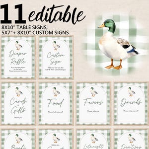May include: Eleven editable 8x10 inch table signs and 5x7 inch and 8x10 inch custom signs featuring a green and white gingham pattern with a watercolor illustration of a duck. The signs include text such as "Diaper Raffle", "Custom Sign", "Cards & Gifts", "Food", "Favors", "Drinks", "Books", "Late Night", and "Don't Say".