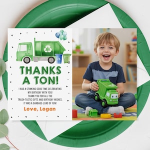 Carte de remerciement d'anniversaire de camion à ordures Photo d'anniversaire de camion poubelle Remerciement photo modifiable pour enfants Trash Bash camion vert imprimable Bir434