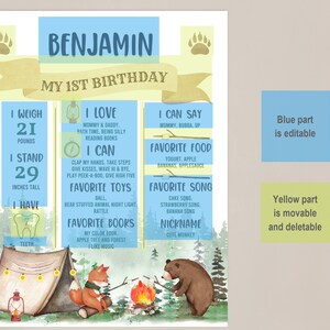 May include: A blue and yellow illustrated printable first birthday chart for a boy named Benjamin. The chart includes details about his weight, height, favourite foods, songs, toys, and books. The chart features a campfire scene with a fox and a bear.