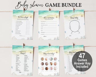 Beach baby shower game set Shore game bundle Ocean Nautical Sea game pack Boho Summer Gender neutral Editable Printable Download Bab213