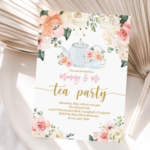 Convite para Brunch do Dia das Mães - Chá da Tarde "Mamãe e Eu", Estampa Floral em Tons de Rosa