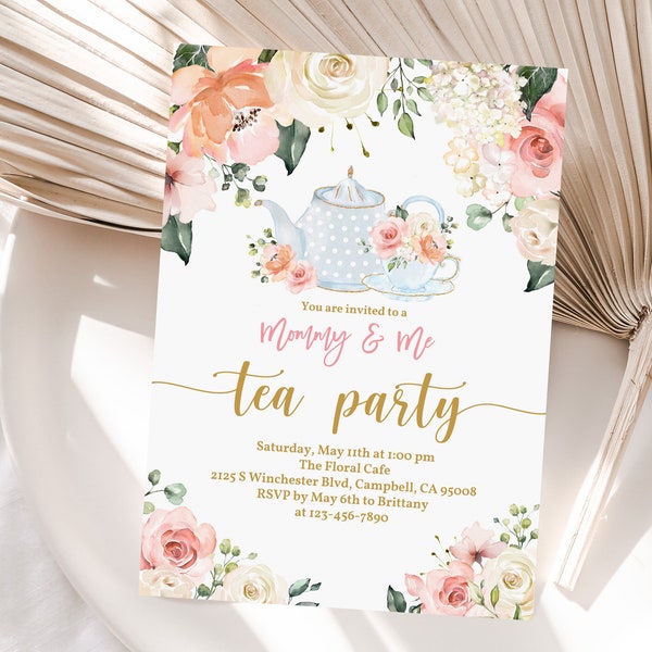 Editable Mother's Day Invitation Mommy and Me Tea Party Invite Blush pink Floral Mother's day Brunch Invite Printable Spring