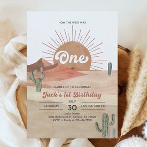 Come l'Occidente era un invito per il primo compleanno di un cowboy occidentale, invito per il primo compleanno di un cactus selvaggio del deserto, invito moderno modificabile stampabile Bir399