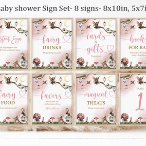 Juego de letreros para mesa de baby shower de hadas, paquete de letreros con diseño de bosque encantado de hadas florales, decoración de mesa rústica con flores para fiesta de té editable e imprimible Bab172