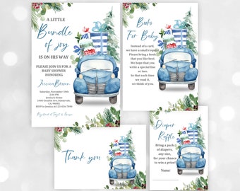 Peut inclure: Un camion vintage bleu avec un cadeau en boîte rayée blanc et bleu sur le dessus. Le camion est entouré de branches de pin vertes et de baies rouges. Le texte "A Little Bundle of Joy is on his way" est écrit sur l'invitation. Le texte "Books for Baby" est écrit sur une carte séparée. Le texte "Diaper Raffle" est écrit sur une troisième carte.