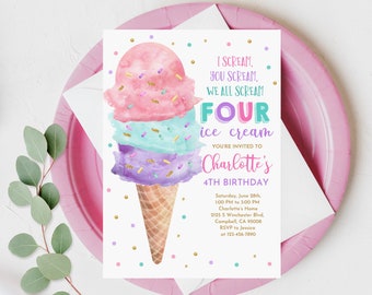 Editable Ice Cream Birthday Invitation 4th Birthday Party Here's the Scoop Cone Pink Mint Gold Purple Printable Editable Download Bir382