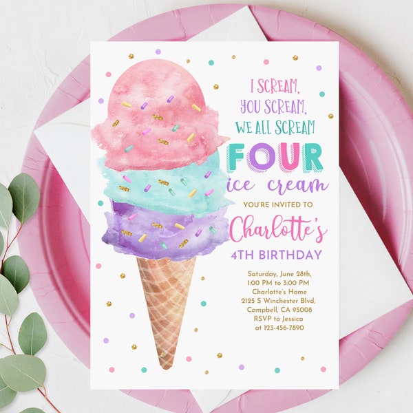 Editable Ice Cream Birthday Invitation 4th Birthday Party Here's the Scoop Cone Pink Mint Gold Purple Printable Editable Download Bir382