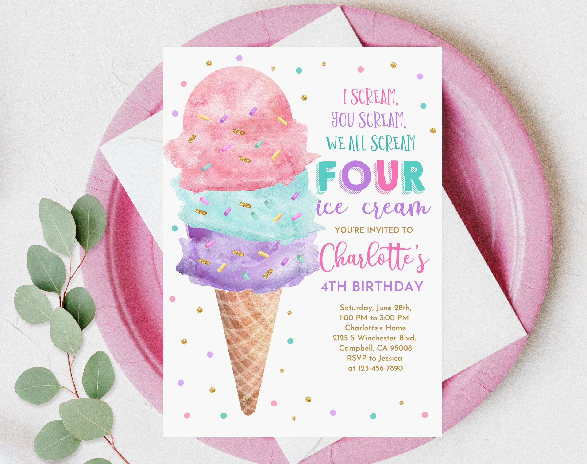 Editable Ice Cream Birthday Invitation 4th Birthday Party Here's the Scoop Cone Pink Mint Gold Purple Printable Editable Download Bir382