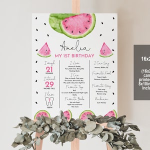Affiche d'anniversaire modifiable pastèque pastèque rose premier anniversaire signe un dans un tableau de statistiques melon tableau imprimable Bir343