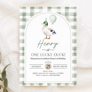 One Lucky Duck Birthday Invitation: Watercolor Mallard, Greenery Bir511 image 1