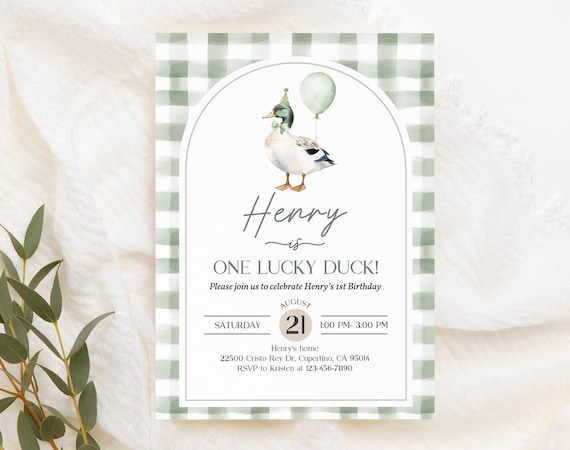 One Lucky Duck Birthday Invitation: Watercolor Mallard, Greenery Bir511