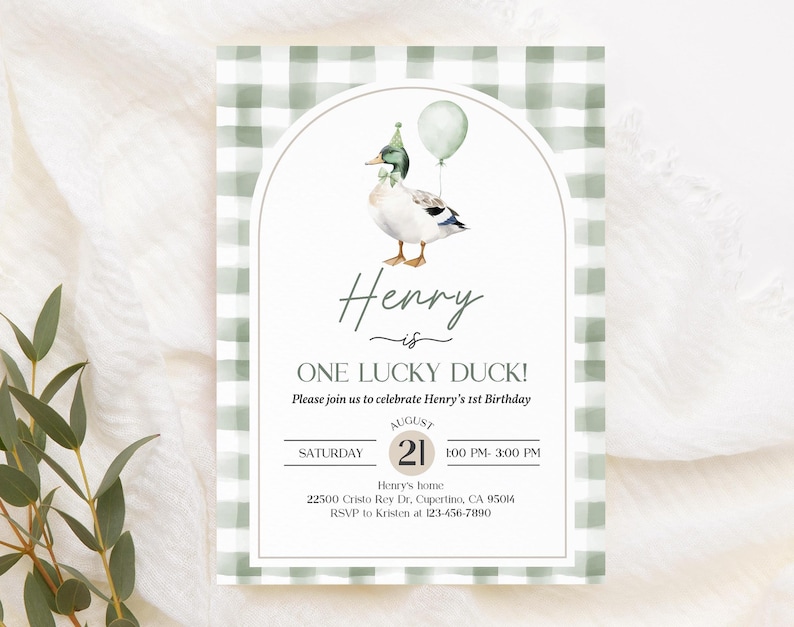 One Lucky Duck Birthday Invitation: Watercolor Mallard, Greenery Bir511 image 1